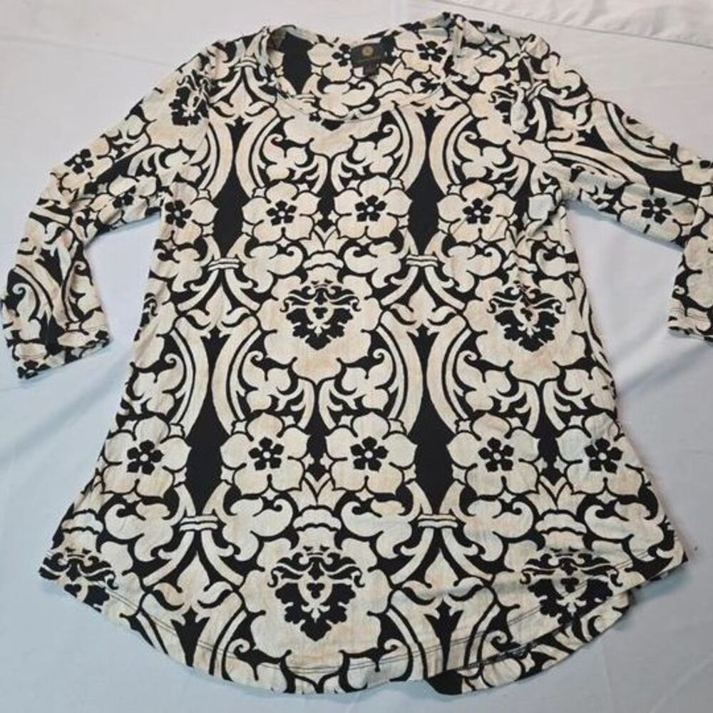 JM Collection Whimsigoth Top S Black Cream Unique Floral Damask Artsy Tunic